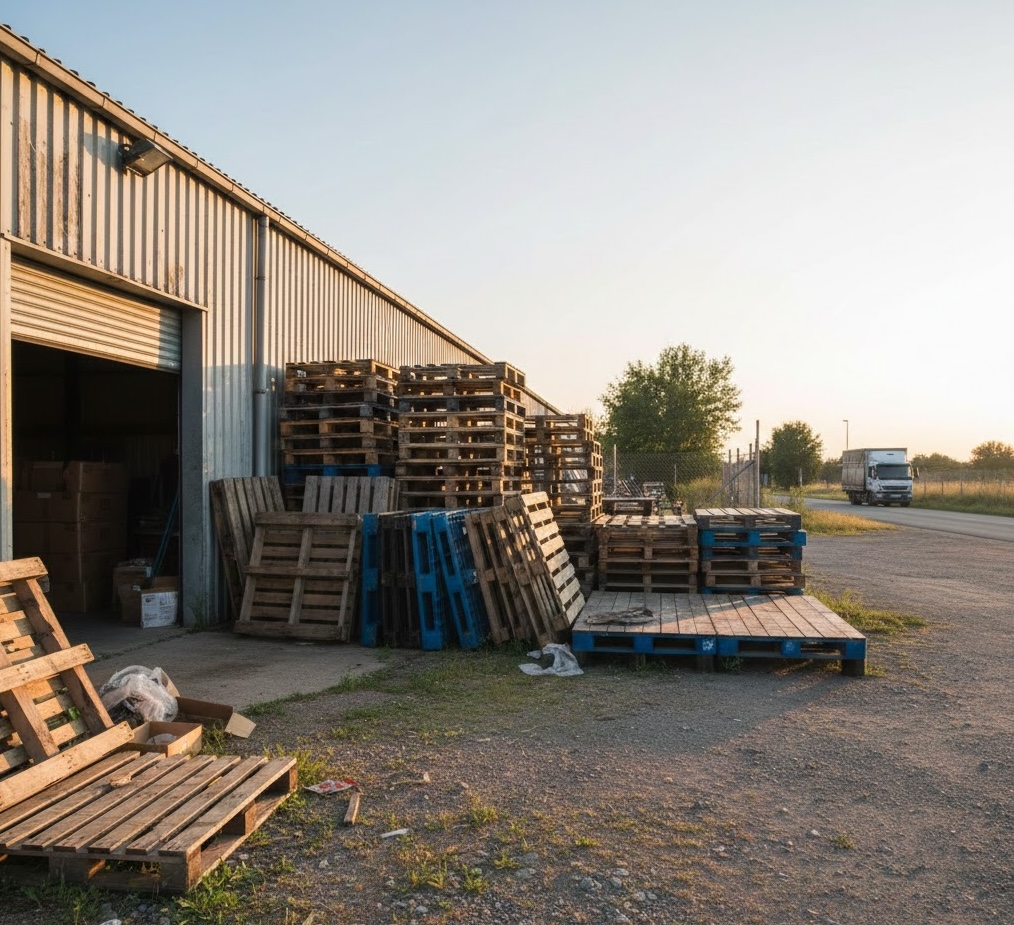 GreenCycle Pallets facility exterior at sunset — our modern warehouse and logistics hub