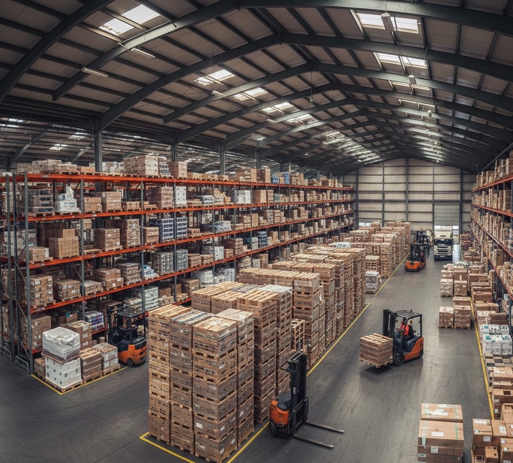 GreenCycle Pallets warehouse operations with forklifts managing large-scale pallet inventory